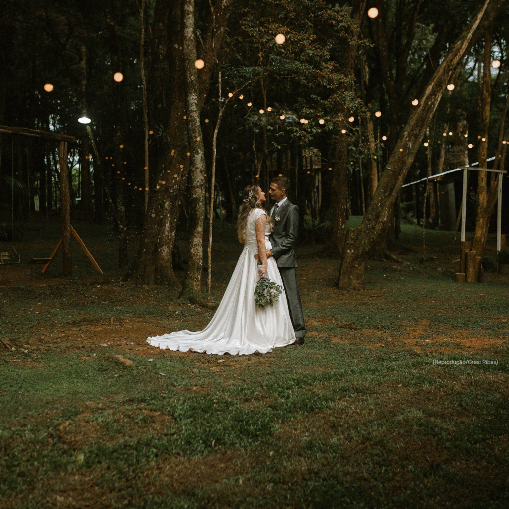 Imagem de um casal vestidos de noivos ao fundo um bosque verde